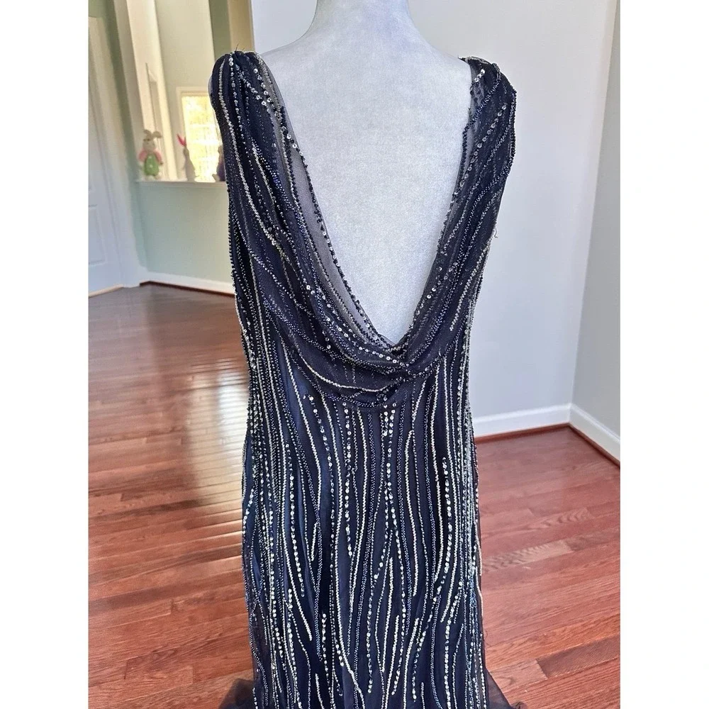 Luxury Pronovias Navy Blue Beaded Embellished Plunge Open Low Back Gown Dress - Picture 8 of 12